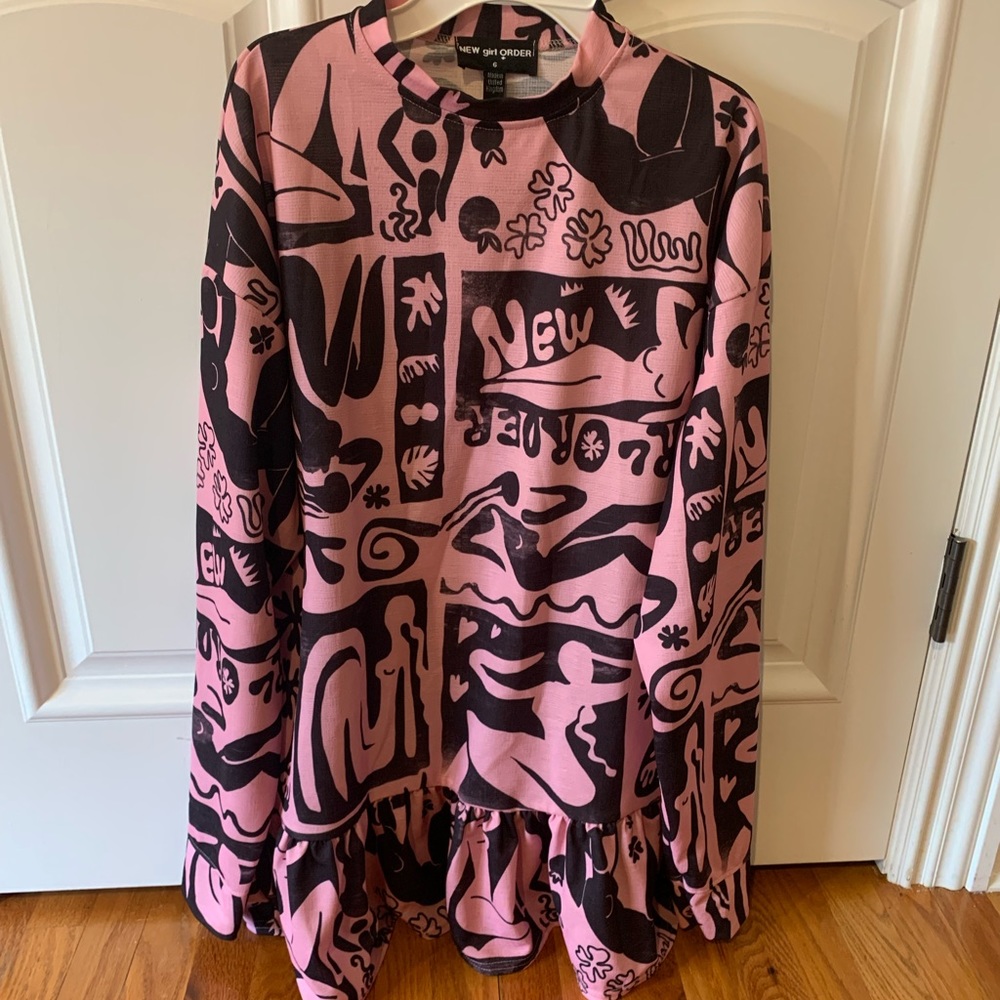 High Neck smock dress in over arty print